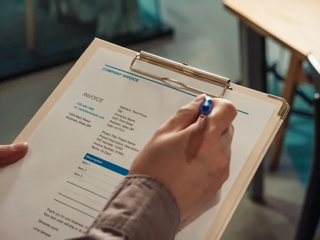 Tangan seseorang memegang invoice perusahaan di atas clipboard dengan pena, mencerminkan proses administrasi keuangan bisnis