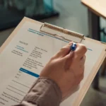 Tangan seseorang memegang invoice perusahaan di atas clipboard dengan pena, mencerminkan proses administrasi keuangan bisnis